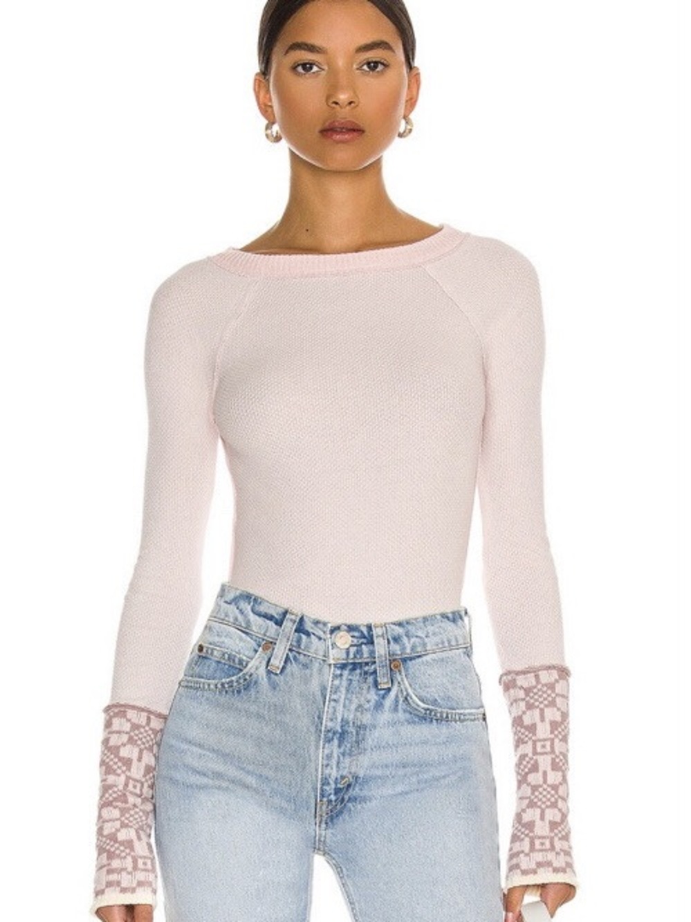 Free People Pale Pink Long Sleeve Knit Top with Patterned Cuffs